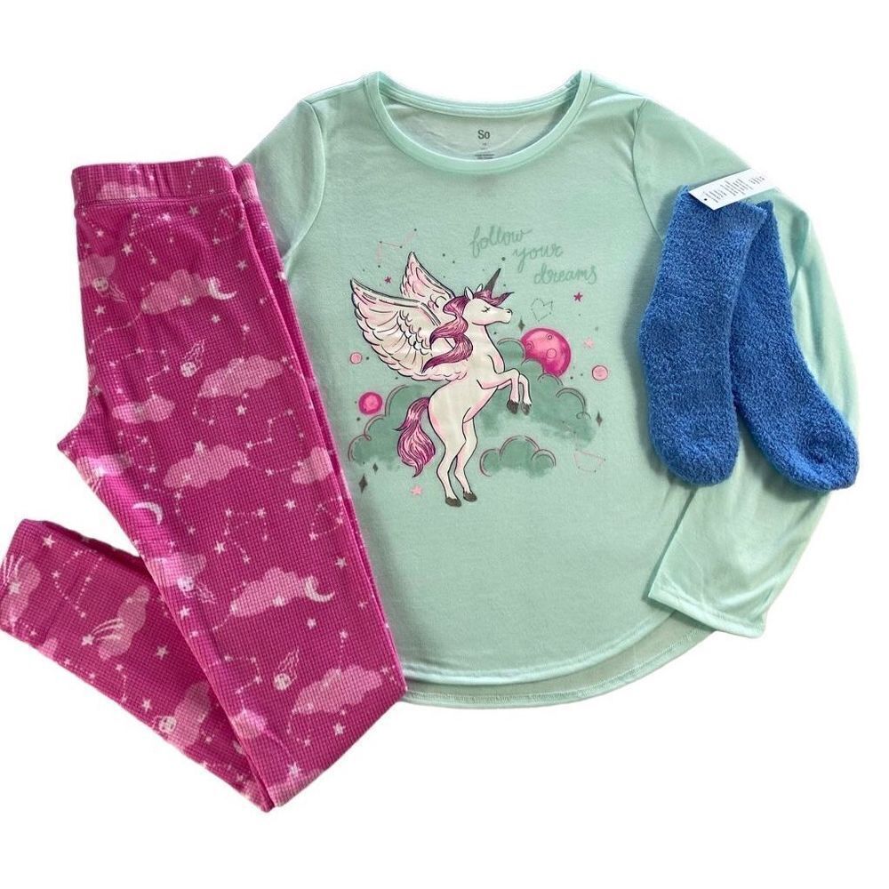 SO Girls SIZE 16 Unicorn 3-Piece Tunic &
Thermal Leggings Pajama Set with Sock